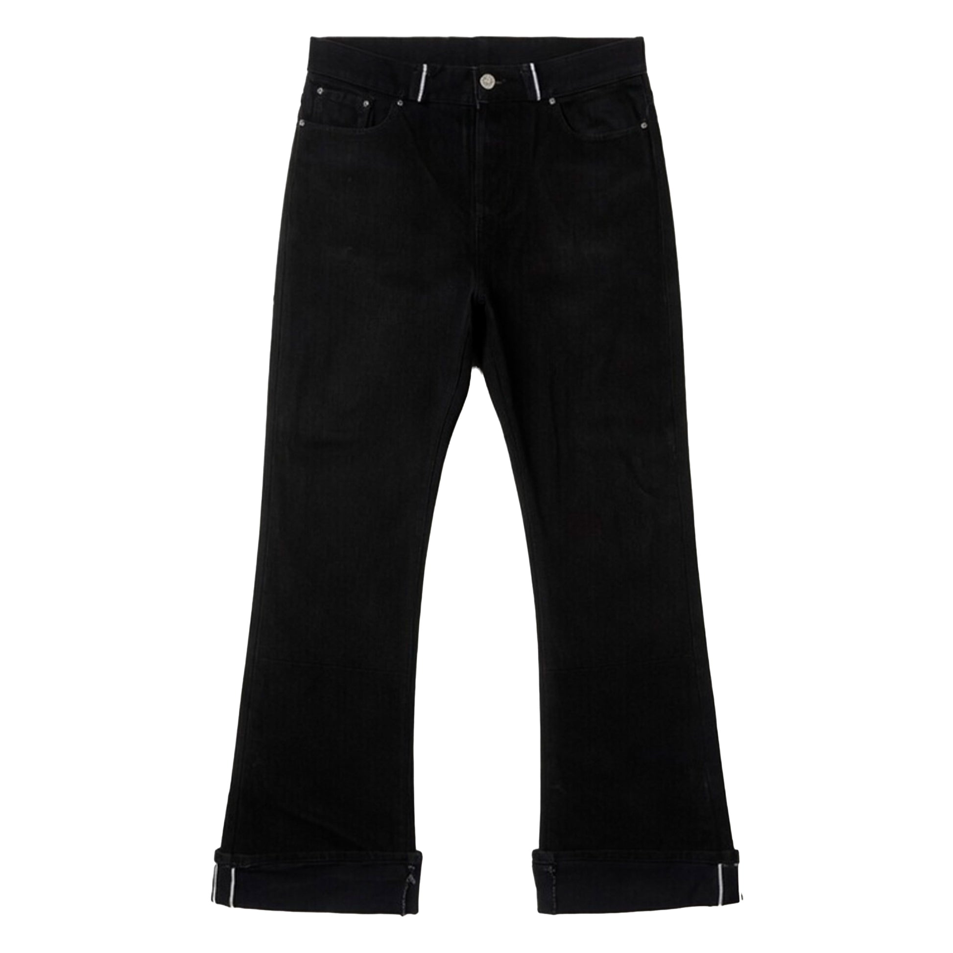 Black 1/1 flared fit selvedge denim jeans front – Reflejos Smash & Grab