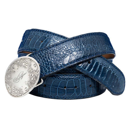 Navy blue ostrich leather belt – Reflejos Berlioz Smash & Grab