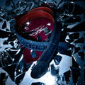 Navy blue ostrich leather belt styled with burgundy velvet bag and glass – Reflejos Smash & Grab