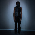 Grey houndstooth wool blend scarf worn on model – Reflejos Smash & Grab